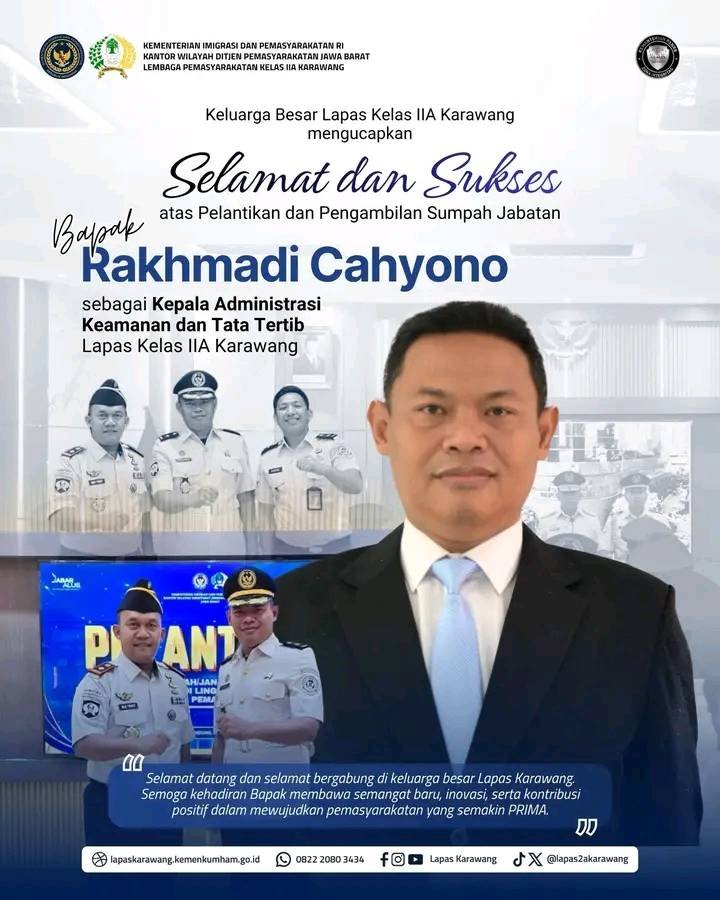 Rakhmadi Cahyono Dilantik sebagai Kepala Administrasi Kamtib Lapas Karawang, Diharapkan Bawa Inovasi Baru