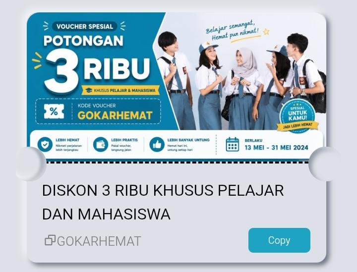 GOKAR Hadirkan Promo Pelajar dan Mahasiswa, Diskon Rp3.000 Pakai Voucher GOKARHEMAT