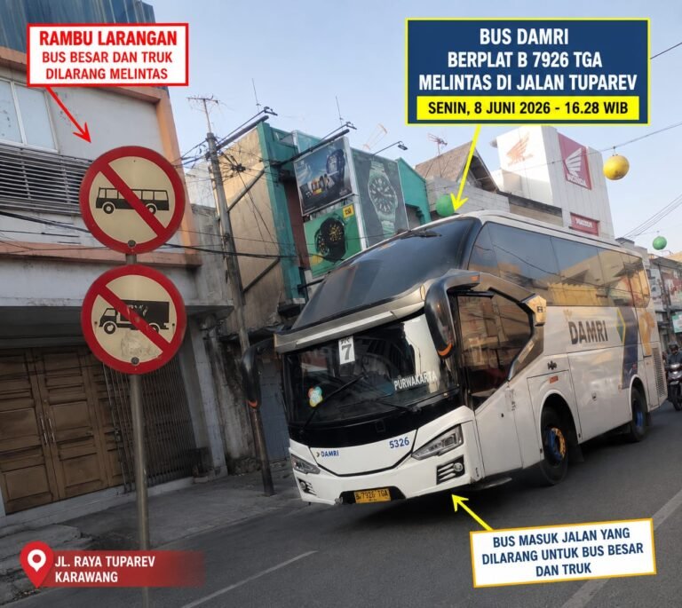 Bandel! Bus DAMRI B 7926 TGA Terekam Langgar Larangan di Jalan Tuparev Karawang